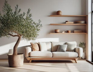 Interior of light living room with sofa, olive tree and shelf units