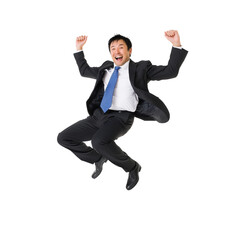 Energetic Businessman Dancing in a Suit on White Background Full Body Office Worker Celebrating Career Success in Dynamic Action







