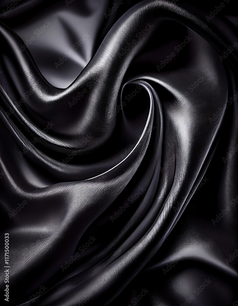 Poster luxurious black satin fabric with smooth, flowing folds and a glossy finish, creating an elegant and