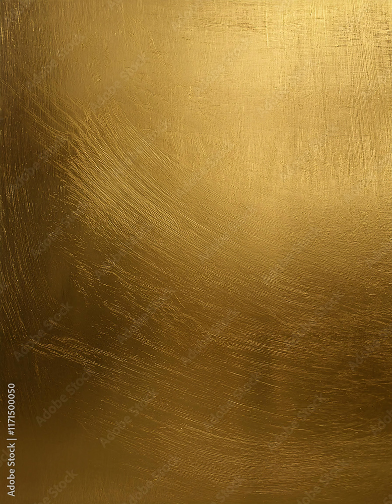 Poster a close-up view of a golden metallic surface with fine scratches and a brushed texture, reflecting l