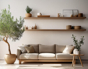 Interior of light living room with sofa, olive tree and shelf units