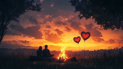 Naklejka premium A couple sitting by a campfire, heart balloons tied to a nearby log, with a warm sunset in the background
