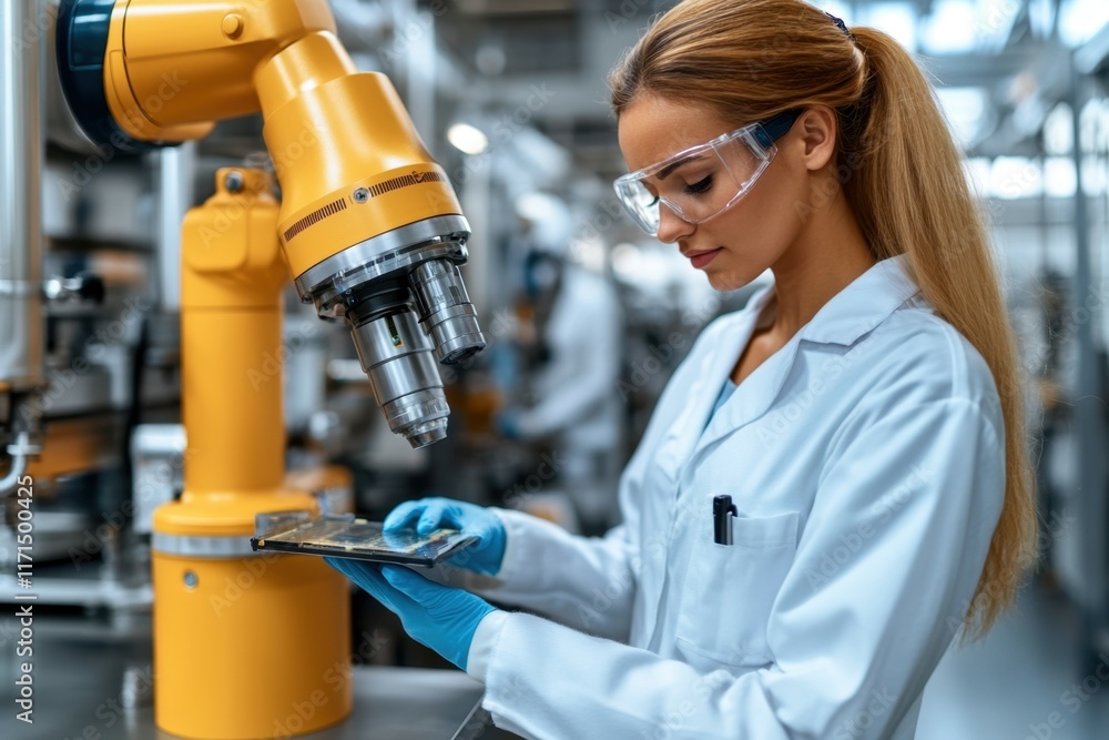 Poster scientist examines a circuit board using a microscope in a high-tech lab environment. generative ai