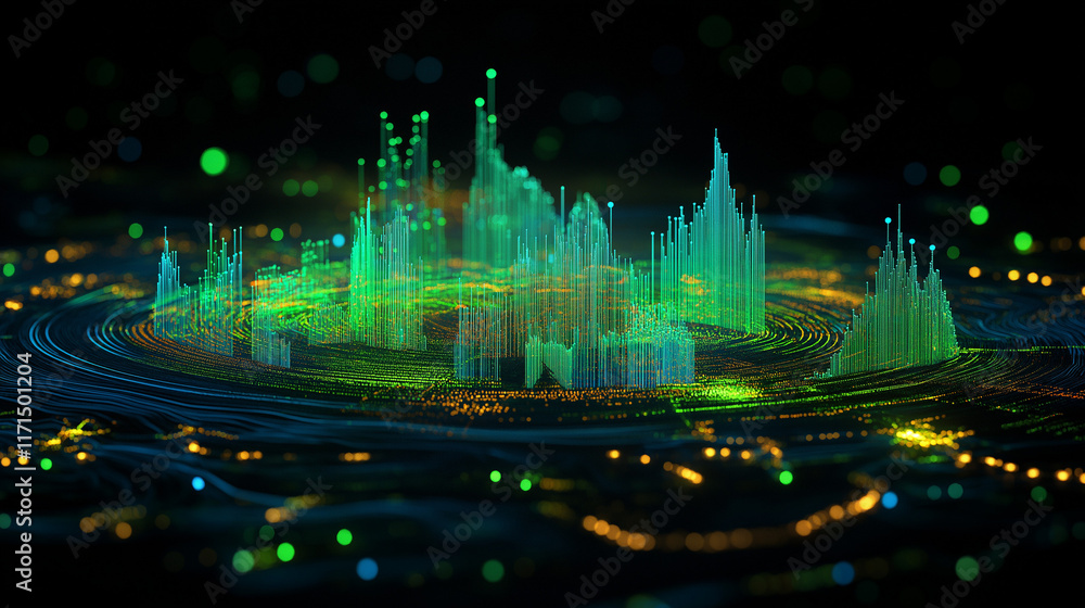 Leinwandbilder a futuristic abstract design of financial graphs and data grids illuminated with bright green and bl
