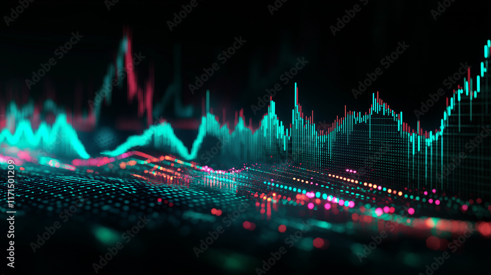 Poster a futuristic abstract design of financial graphs and data grids illuminated with bright green and bl