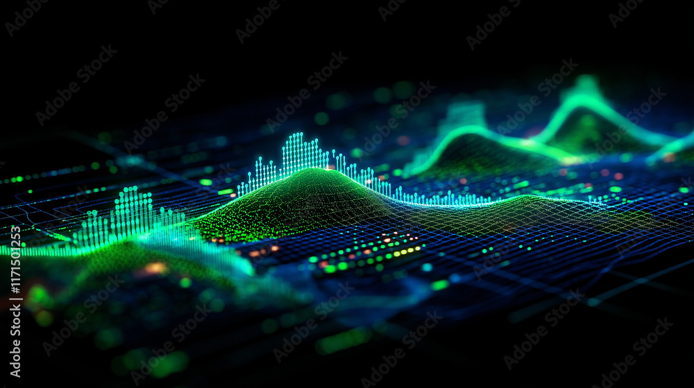 Poster A futuristic abstract design of financial graphs and data grids illuminated with bright green and blue neon accents over a sleek black background.