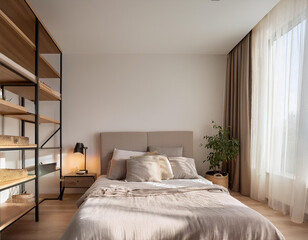 Interior of light modern bedroom with big bed, shelving units and bedside table