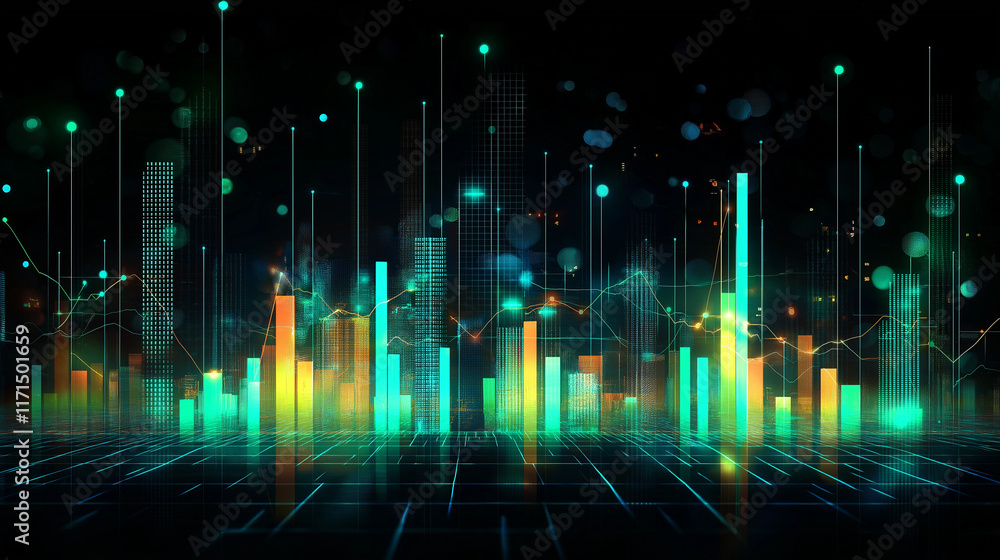 Poster High-tech financial background featuring sleek data patterns and vibrant neon colors. Perfect for business and digital themes.
