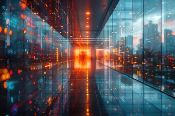 Modern data center corridor with glowing server racks.