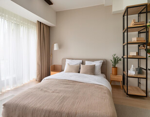 Interior of light modern bedroom with big bed, shelving units and bedside table