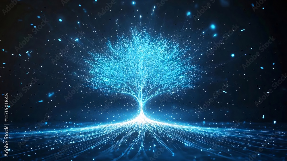 Poster glowing blue tree with root system and particles.