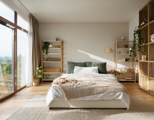 Interior of light modern bedroom with big bed, shelving units and bedside table