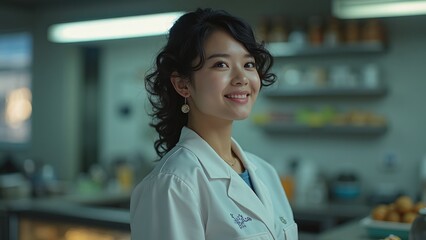 Fototapeta premium Woman in a white lab coat is smiling
