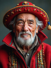 Obraz premium A striking portrait of an elderly man in vibrant traditional Chilean clothing, exuding wisdom and cultural richness. Generative AI