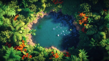 Fototapeta premium Aerial View of Vibrant Pond Surrounded by Lush Foliage