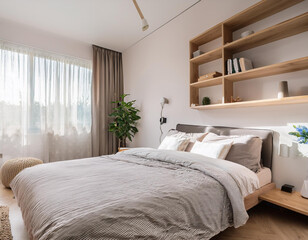Interior of light modern bedroom with big bed, shelving units and bedside table