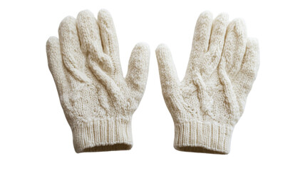 Pair of white winter gloves with a knitted design, lying side by side on a clean white surface, perfect for seasonal fashion or product display.

