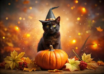 Fototapeta premium Spooky-cute Halloween witch cat: magical feline in autumnal attire.