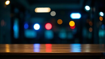 A close-up shot of a wooden table with a blurred bokeh background, featuring neon lights 