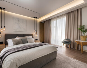 Interior of modern bedroom with white bed and alarm clock on bedside