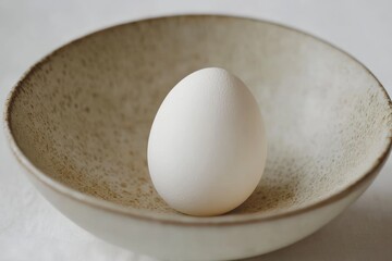 A solitary white egg occupies a simple ceramic bowl, showcasing minimalism and purity in a softly lit setting