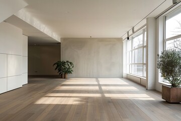 Fototapeta premium Sunlit minimalist interior with hardwood floors, large windows, and neutral color palette. Serene and airy atmosphere.