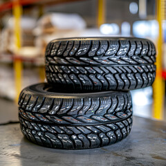 Close-up of two new car tires stacked on a table in a workshop background