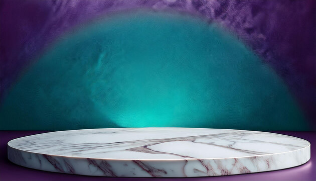 a minimalist scene providing a circular marble platform towards textured teal and purple backgrounds perfect for product showcases