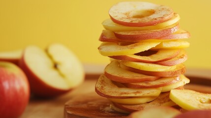 Thin sliced apple rings stack dusted with cinnamon powder, apple pie dessert preparation, wooden cutting board