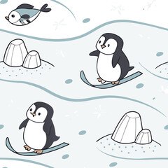 Arctic Wildlife Seamless Pattern with penguins in a snowy arctic aesthetic