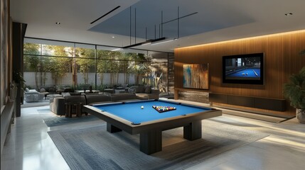Modern Gameroom with Pool Table and Garden View