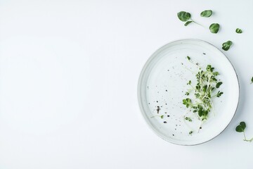 Plate with microgreen sprouts on white background, top view
