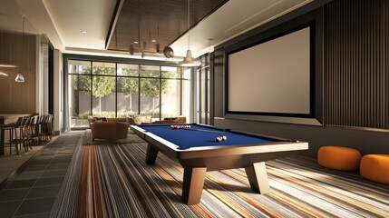 Modern Game Room with Pool Table and Big Screen
