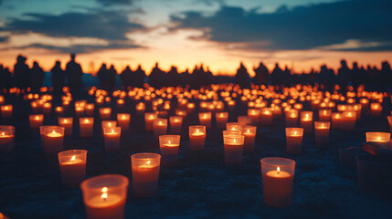 Obraz premium Sunset Remembrance: Hundreds of Candles at Dusk