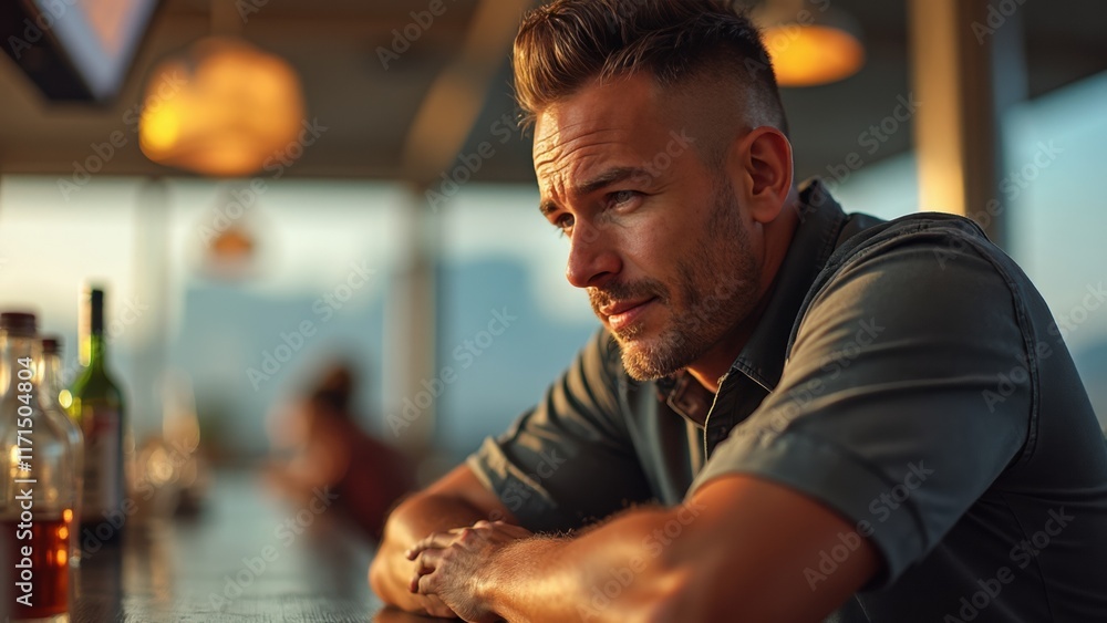 Poster man is sitting at a bar with a bottle of liquor in front of him
