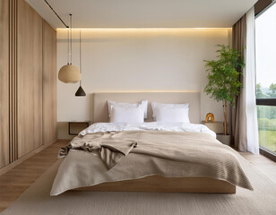 Interior of modern bedroom with white bed and alarm clock on bedside