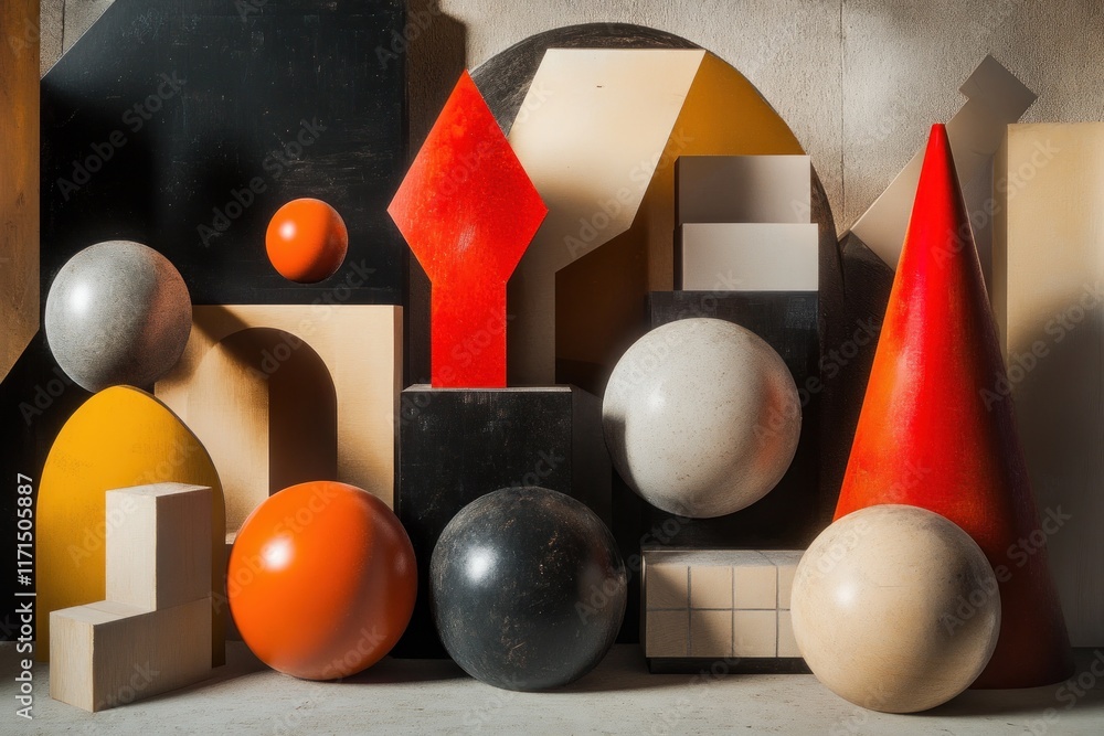 Poster a dynamic arrangement of bold geometric shapes and textures, creating a captivating sense of movemen