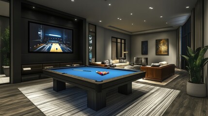 Modern Game Room with Pool Table and Entertainment System