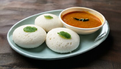 close up of fluffy idli served with sambar a traditional south indian breakfast or snack south indian cuisine idli