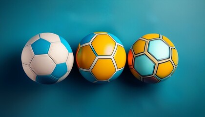 Obraz premium three soccer balls on blue background minimalistic sports theme