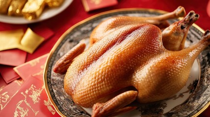 Fototapeta premium Roasting Chinese-Style Duck Traditional Restaurant Food Photography Festive Ambiance Close-Up Culinary Art