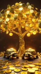 "A magical golden tree with glowing coins as leaves stands tall, radiating opulence and mystery. Beneath the tree, two golden tortoises rest on a shimmering ground covered with scattered gold coins...