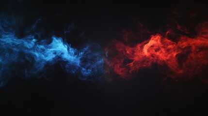 Fototapeta premium Blue vs red smoke effect on black background, abstract neon flames with dust, hot vs cold concept, sport boxing battle, foggy transparent wallpaper