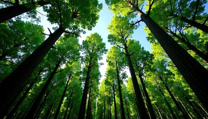 Obraz premium Dense forest with tall trees stretching towards the sky, canopy, woodsy, tree