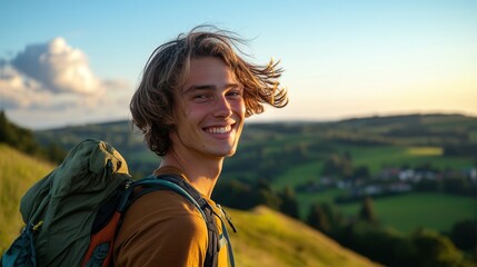 Radiant traveler enjoying the wind in picturesque countryside landscape.