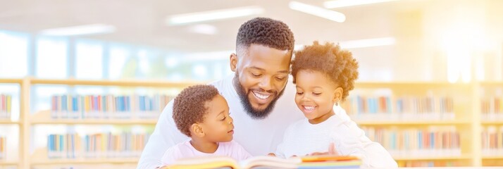 Father reading a book to two young children in a library. Bright, educational environment showing family bonding.