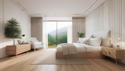 beautiful interior bedroom room with white walls and wood floor
