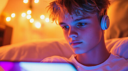 Teenager using tablet while relaxing in a cozy room with colorful lights at night