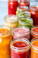 Row of various colorful homemade sauces in glass jars.