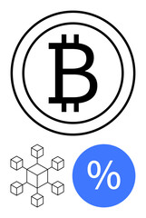 Bitcoin symbol in a circle, blockchain network diagram of interconnected cubes, and blue percentage icon. Ideal for digital currency, blockchain technology, cryptocurrency investment, financial